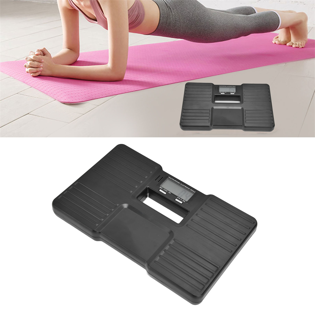 Eine Frau macht eine Plank auf einer rosa Matte. Eine schwarze Waage befindet sich im Vordergrund. Die Waage hat eine Digitalanzeige.