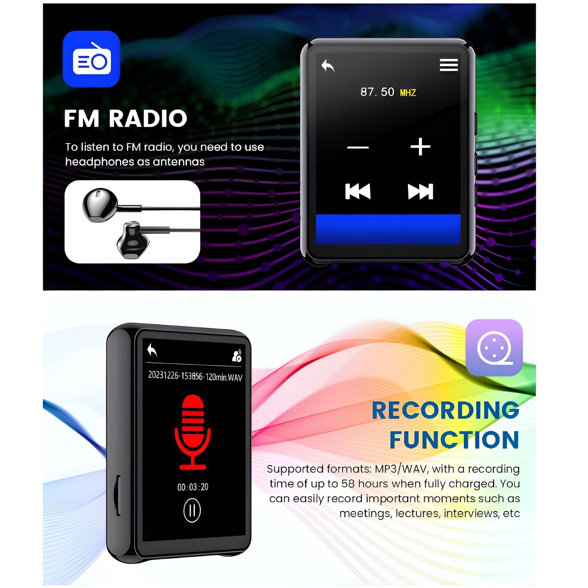 Bild zeigt einen MP3-Player und Kopfhörer. Text beschreibt die Aufnahme-Funktion und unterstützte Formate.