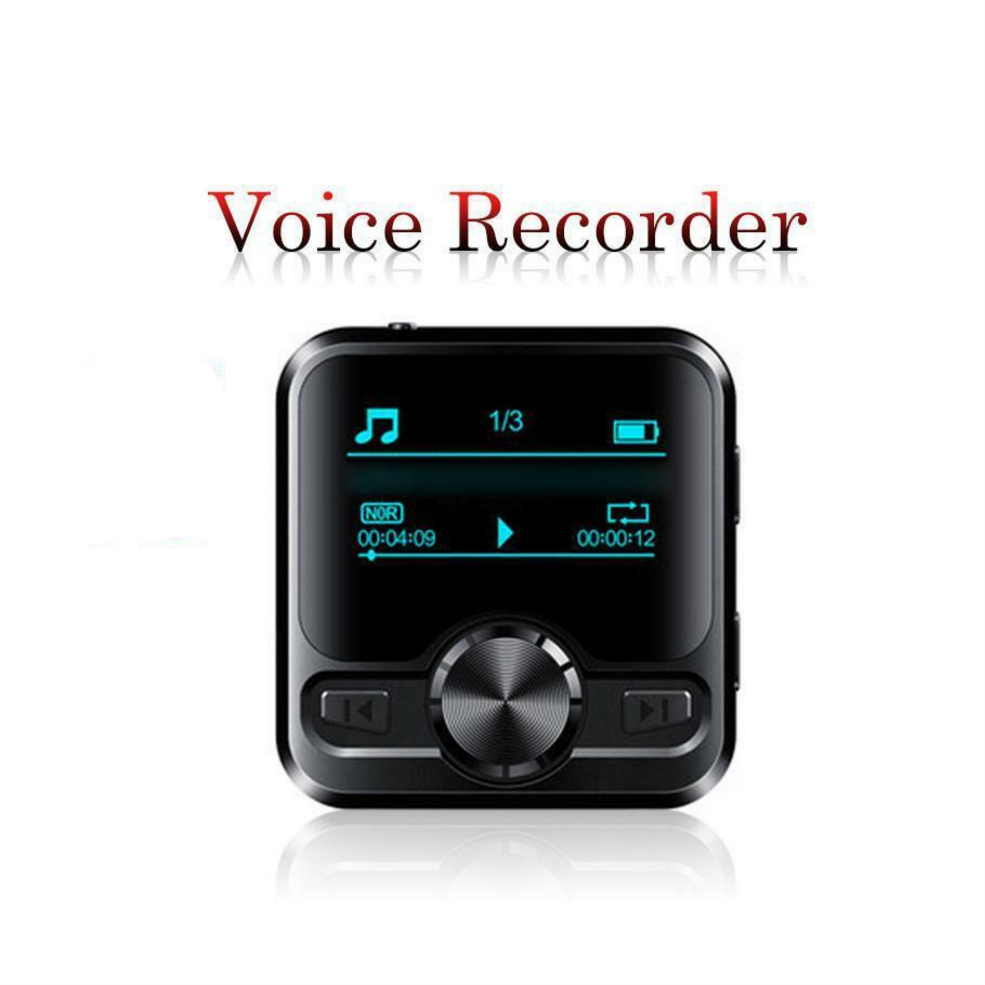Schwarzer Voice Recorder mit Knöpfen und Bildschirm, Text: 'Voice Recorder'.
