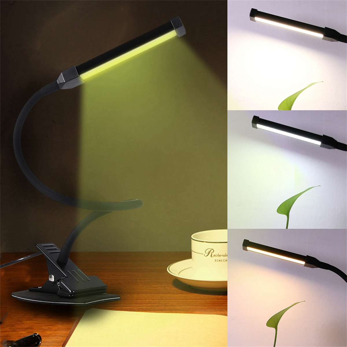 Flexible Schreibtischlampe mit Clip. Drei verschiedene Lichteinstellungen werden gezeigt.