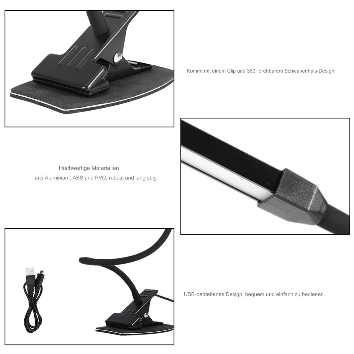 Collage einer schwarzen Schreibtischlampe mit flexiblem Hals. Die Lampe hat eine Klammer und ist USB-betrieben.