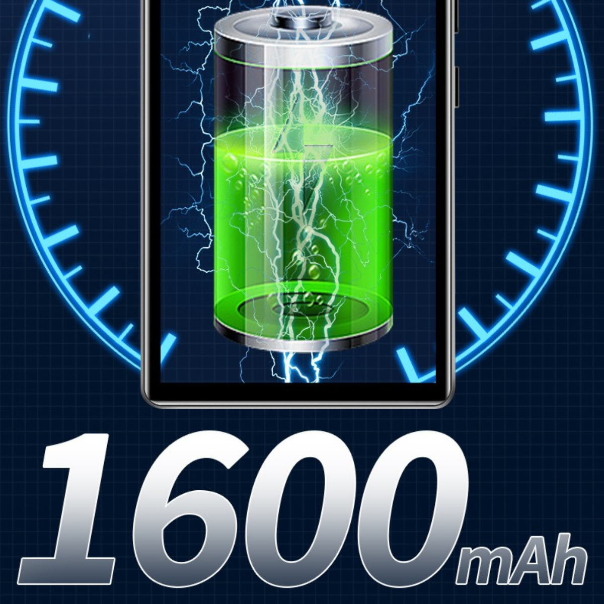 Digitales Bild einer ladenden Tablet-Batterie mit grüner Elektrizität und 1600 mAh.