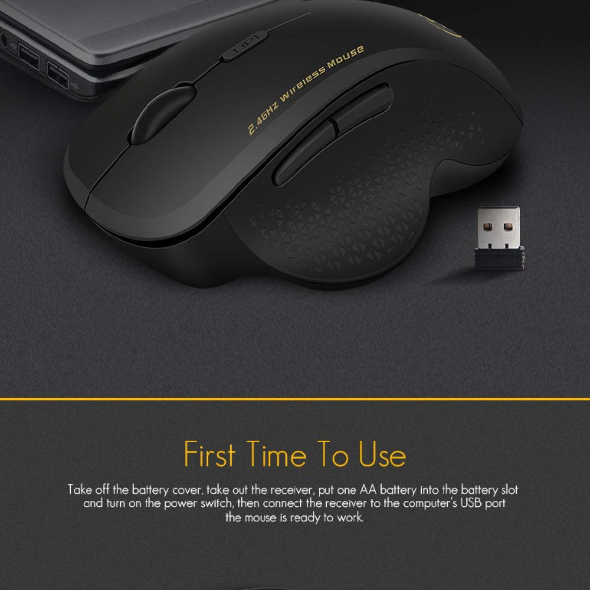 Schwarze kabellose Maus mit USB-Empfänger. Die Maus hat zwei Tasten und ein Scrollrad.