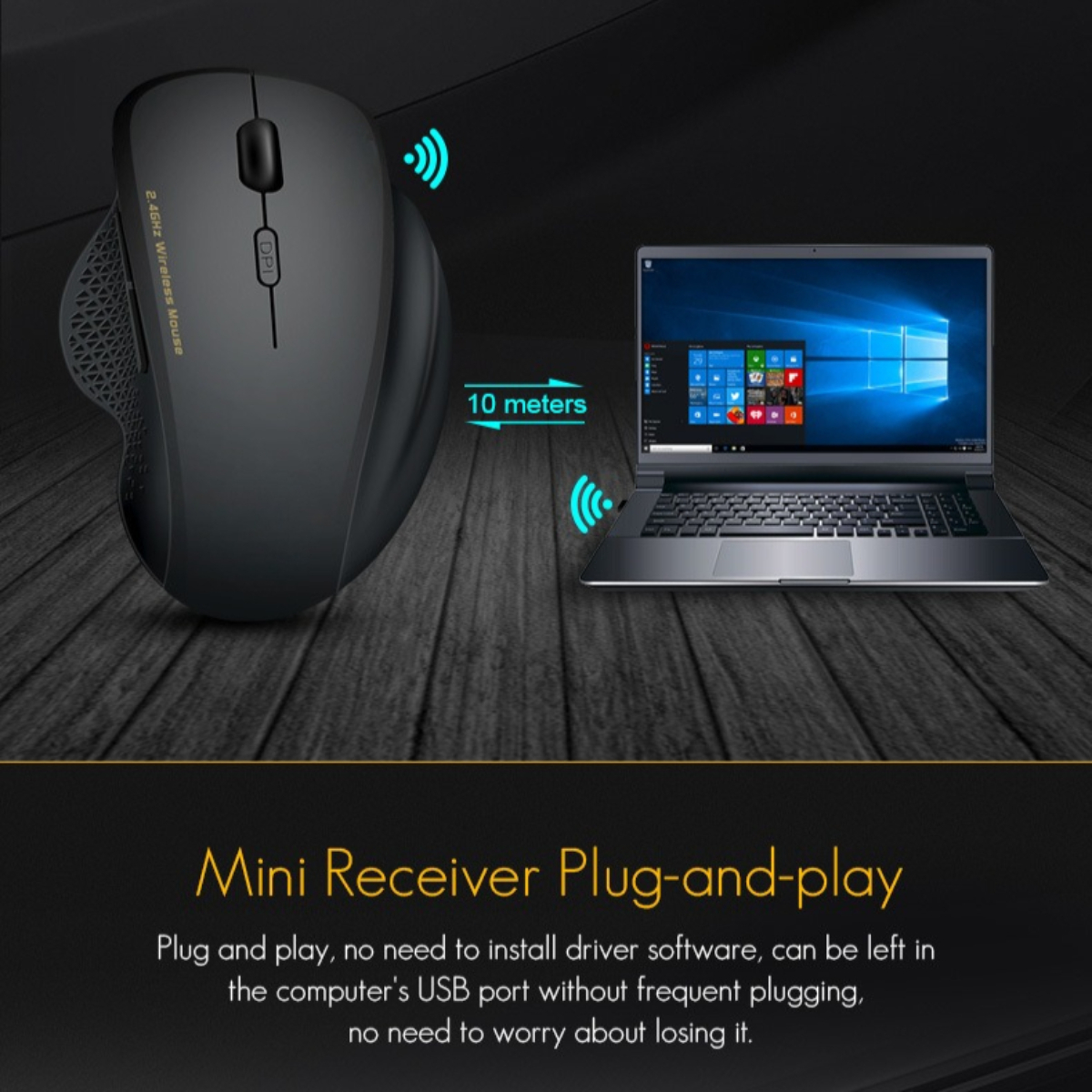 Schwarze kabellose Maus mit Laptop. Maus hat Seitentasten und eine DPI-Taste. Laptop zeigt Windows-Oberfläche.