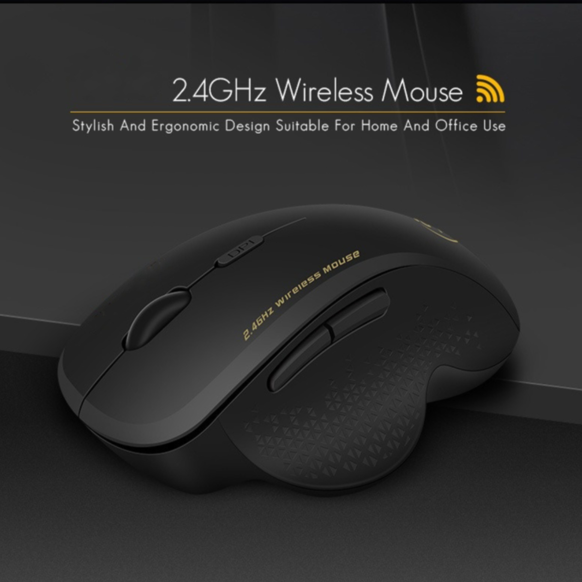Schwarze kabellose Maus mit ergonomischem Design, geeignet für den Heim- und Bürogebrauch, auf dunkler Oberfläche.