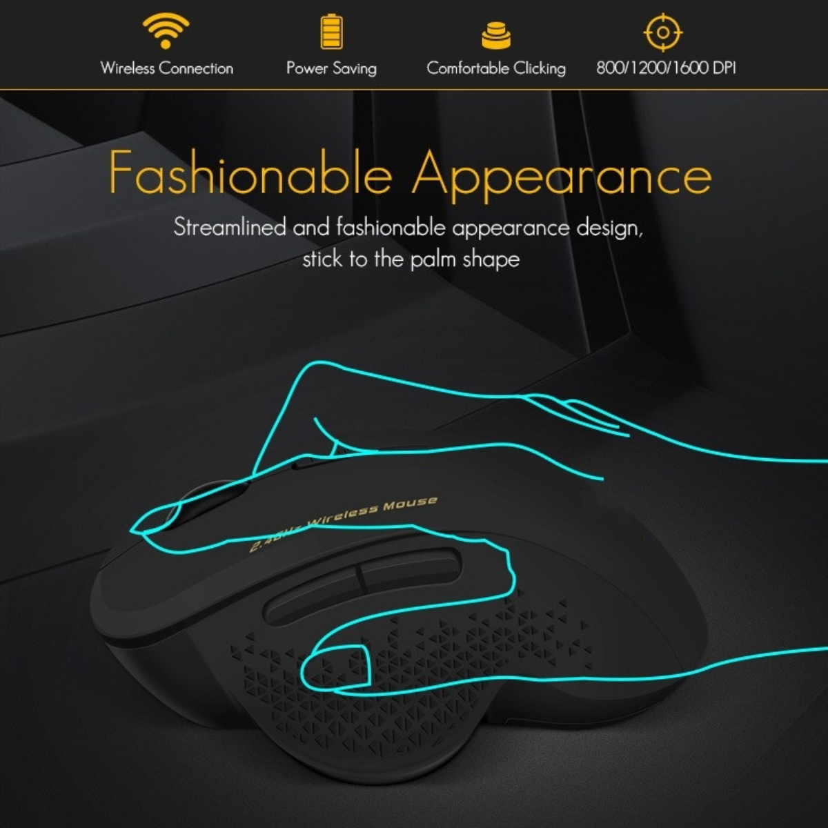 Eine schwarze kabellose Maus mit Handumriss, die Design und Funktionen veranschaulicht.