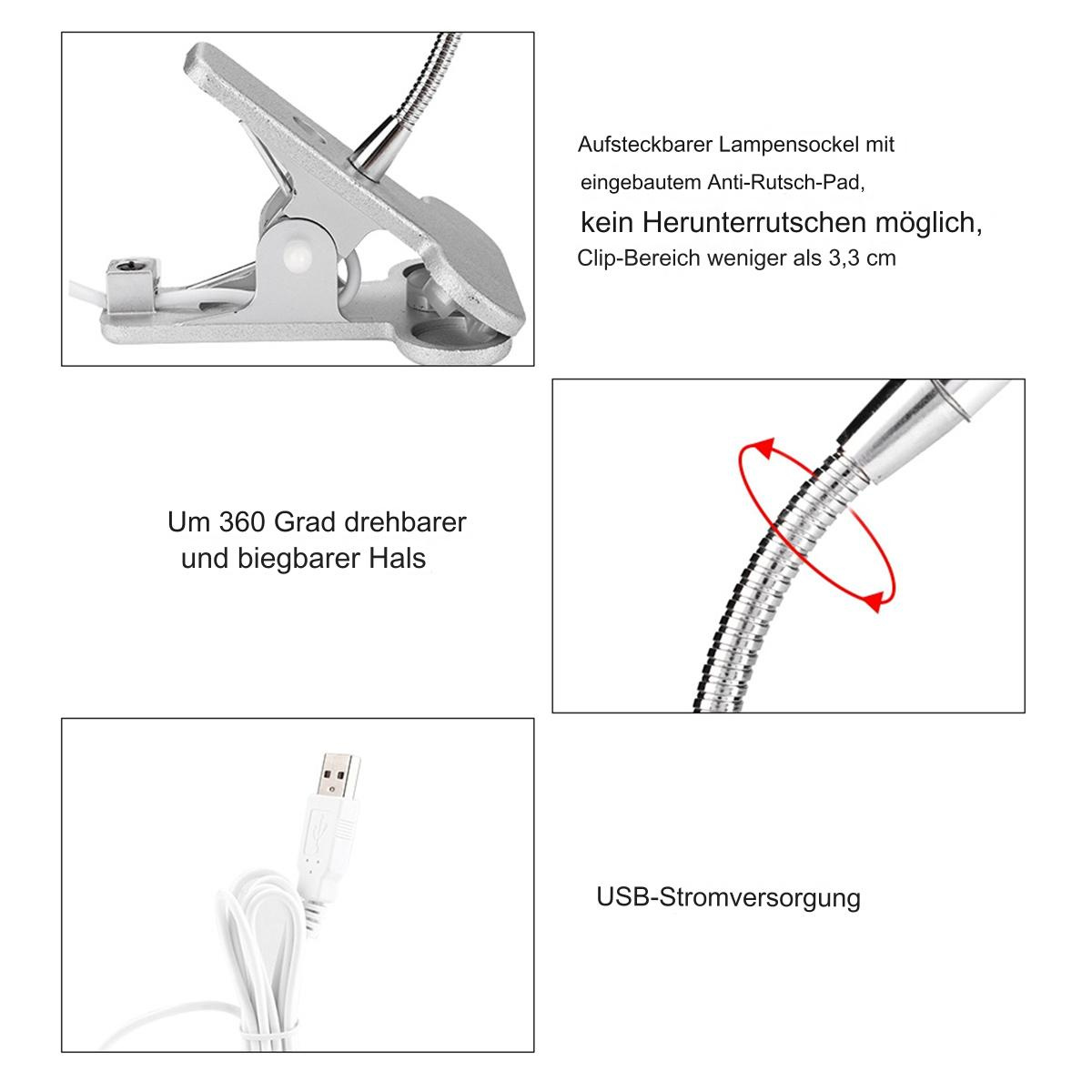 Nahaufnahme einer silbernen Schreibtischlampe mit flexiblem Hals und USB-Netzkabel. Weißer Hintergrund.