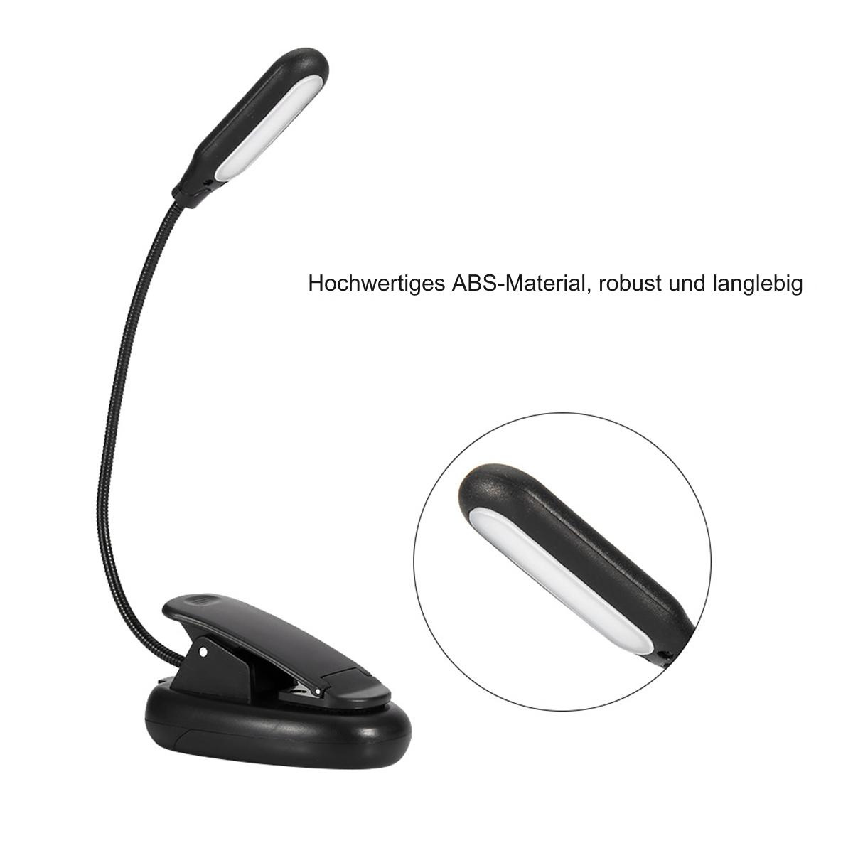 Schwarze Clip-On-Leselampe mit verstellbarem Hals. Kleine, integrierte LED. Weißer Hintergrund mit Text.
