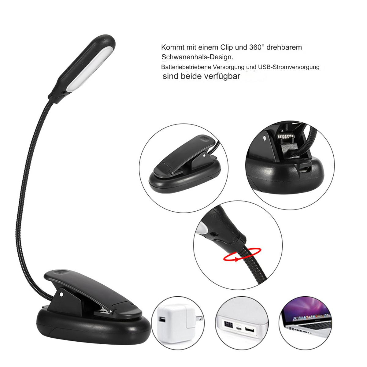 Eine schwarze Leseleuchte zum Anklemmen mit flexiblem Hals und LED-Panel. Sie hat einen USB-Ladeanschluss und mehrere Zubehörteile.