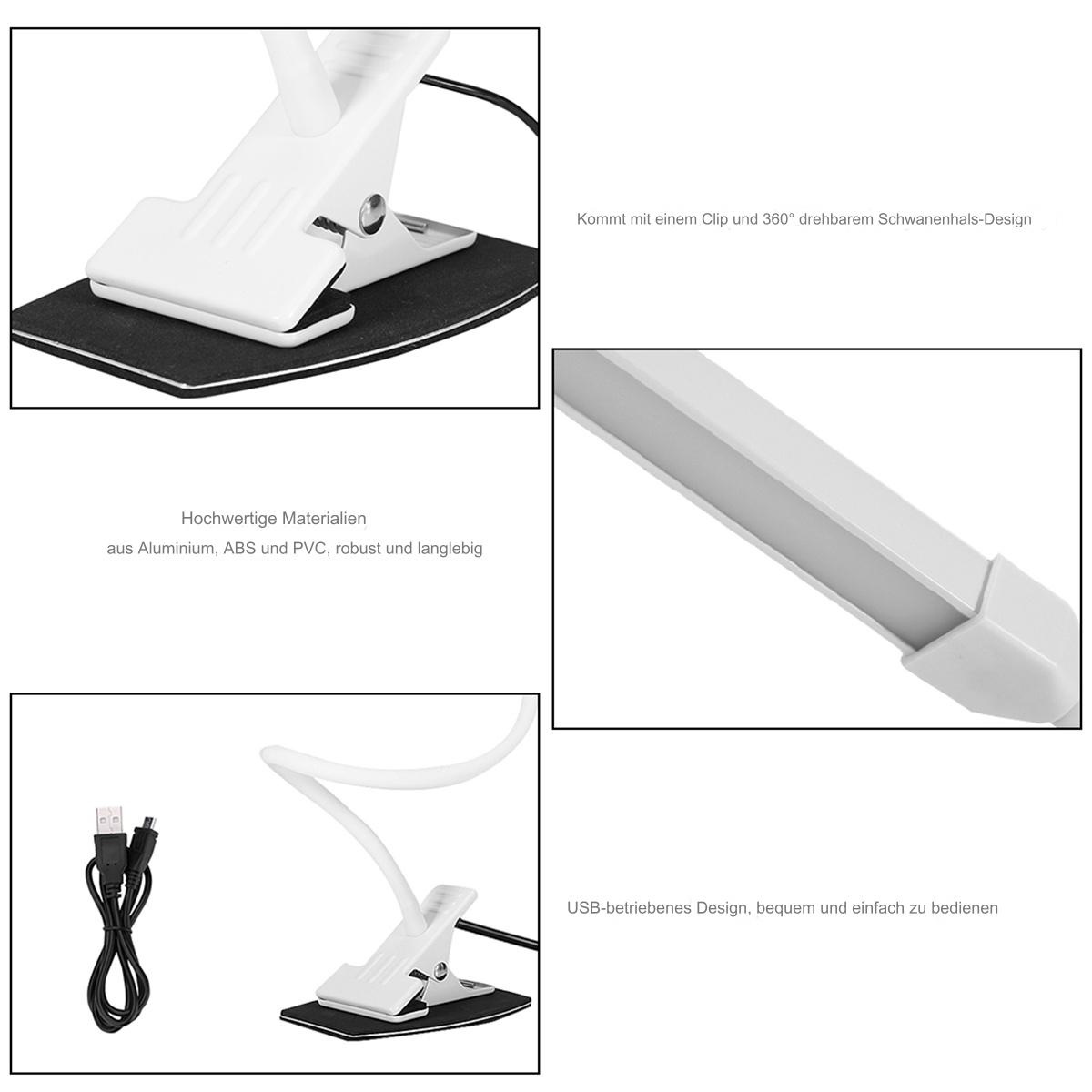 Weiße Schreibtischlampe mit Clip und flexiblem Schwanenhals, schwarzer Fuß. USB-Kabel angeschlossen. Details.