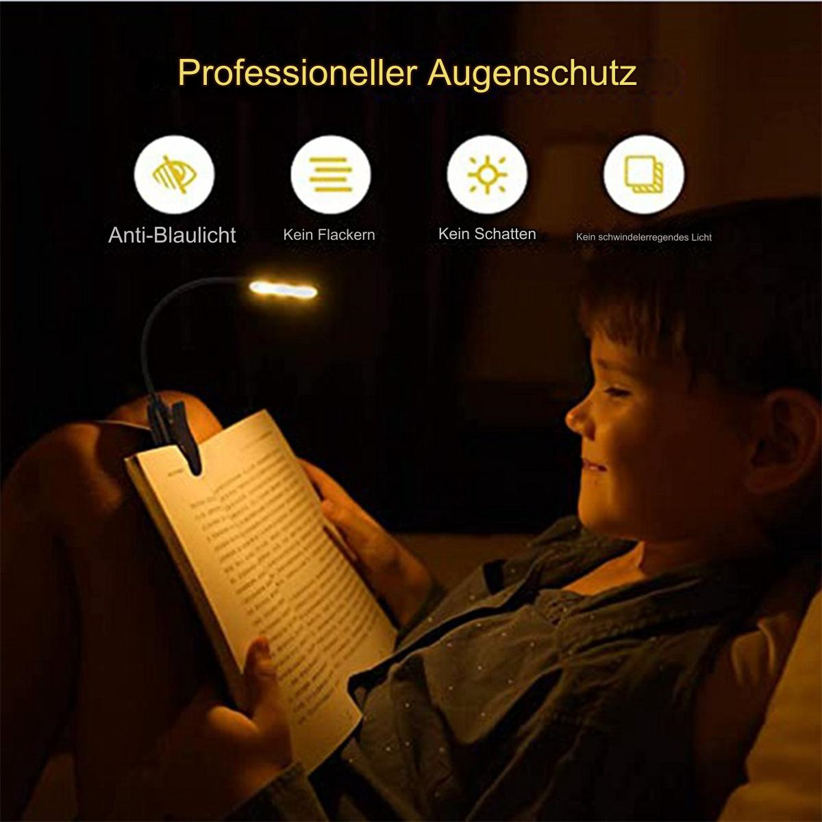 Ein Junge liest ein Buch mit einer LED-Klemmlampe. Text: Professioneller Augenschutz.