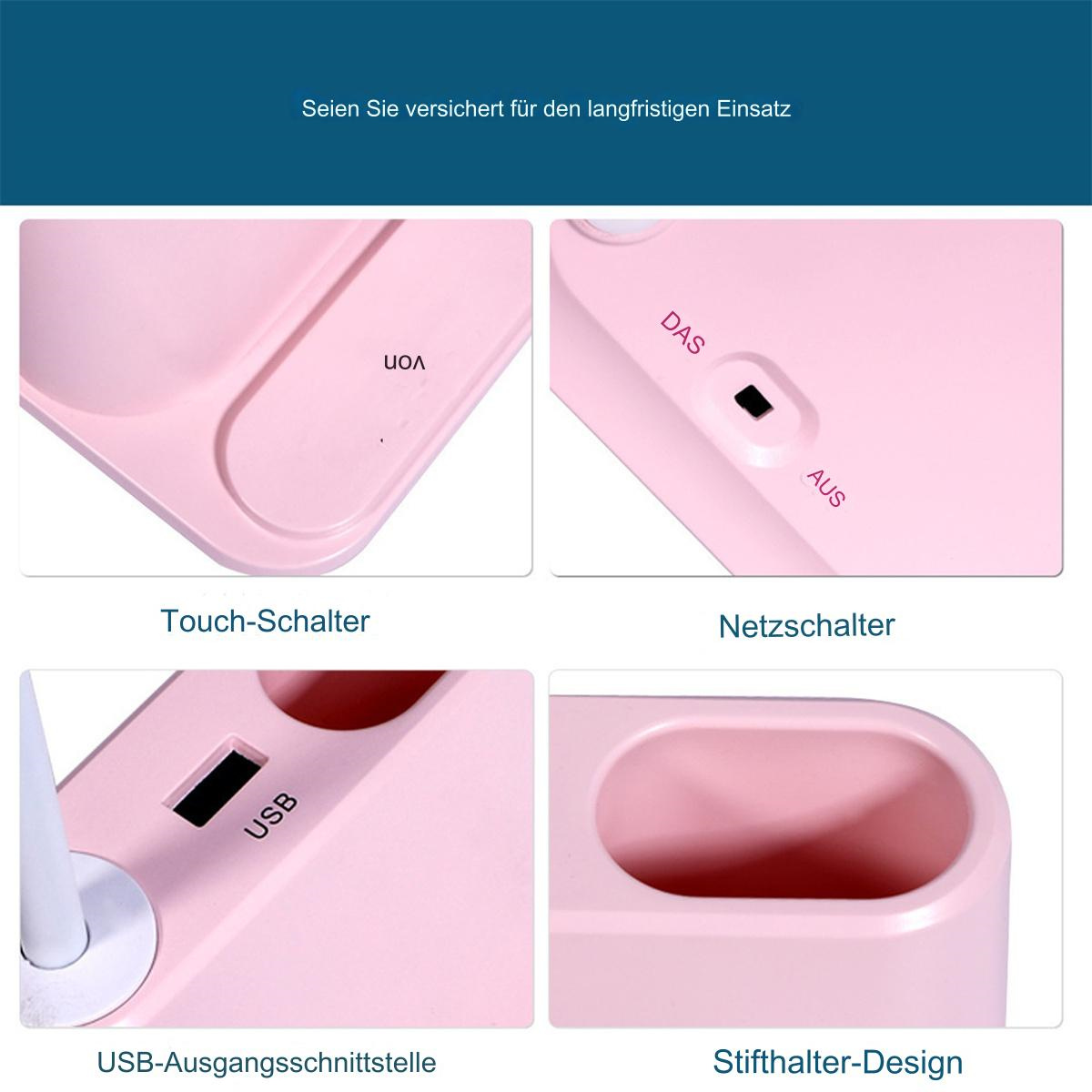 Vier Bilder, die eine rosa Ladestation mit Touch-Schalter, Netzschalter, USB-Anschluss und Stifthalter zeigen.
