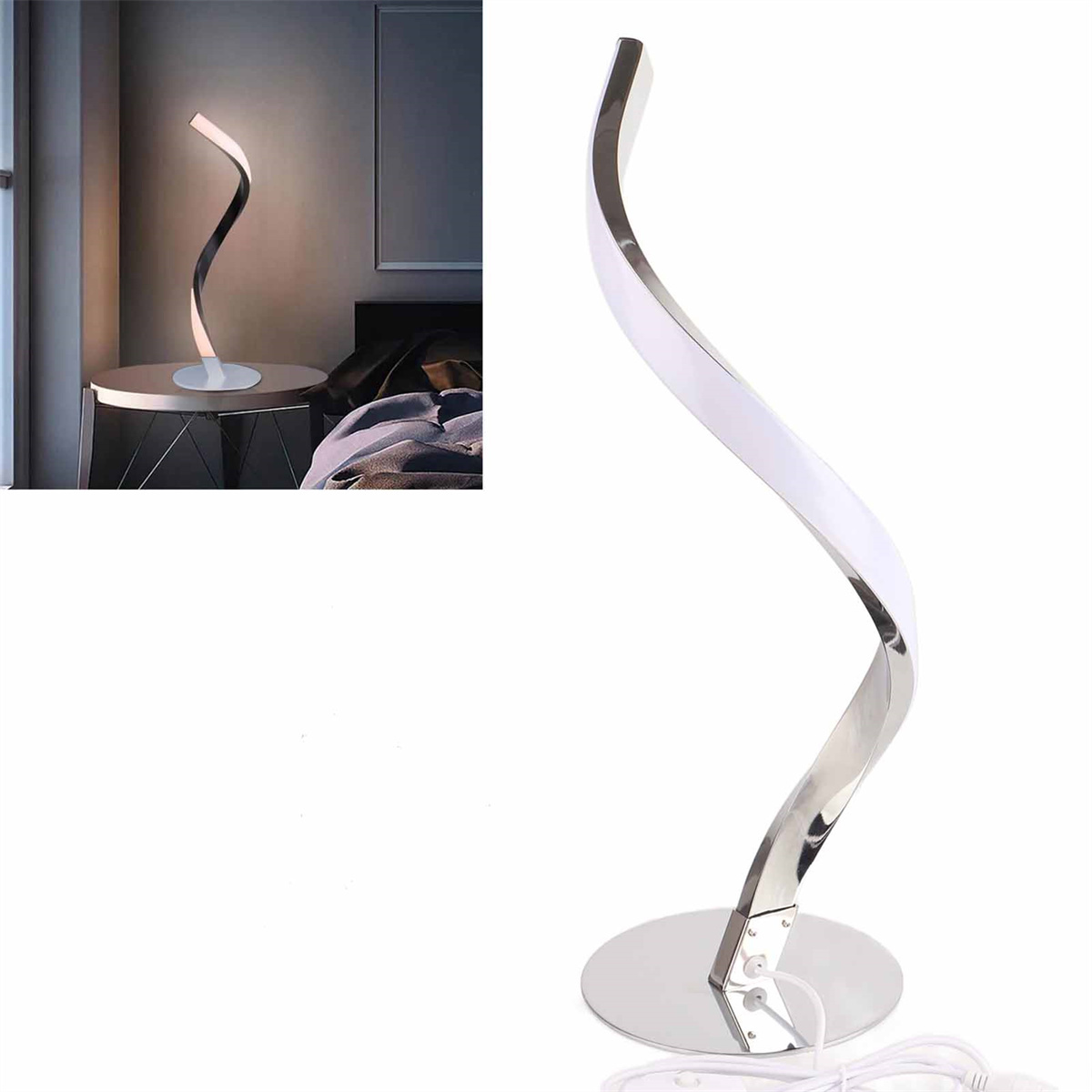 Eine moderne, gebogene silberne Schreibtischlampe mit weißem Licht. Weißer Hintergrund.