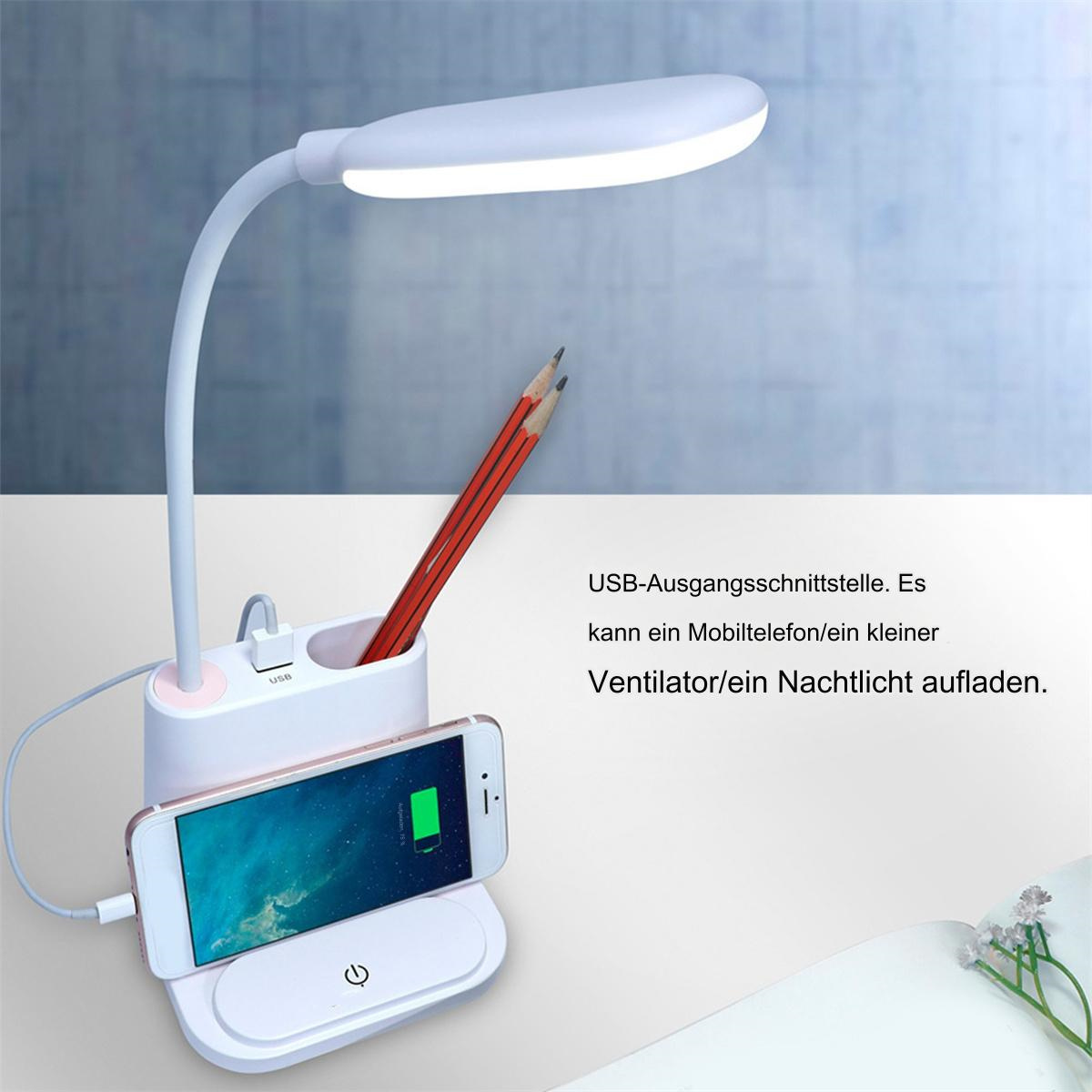 Weiße Schreibtischlampe mit Telefon und Bleistiften. Telefon zeigt Ladebildschirm. Weißer Hintergrund.