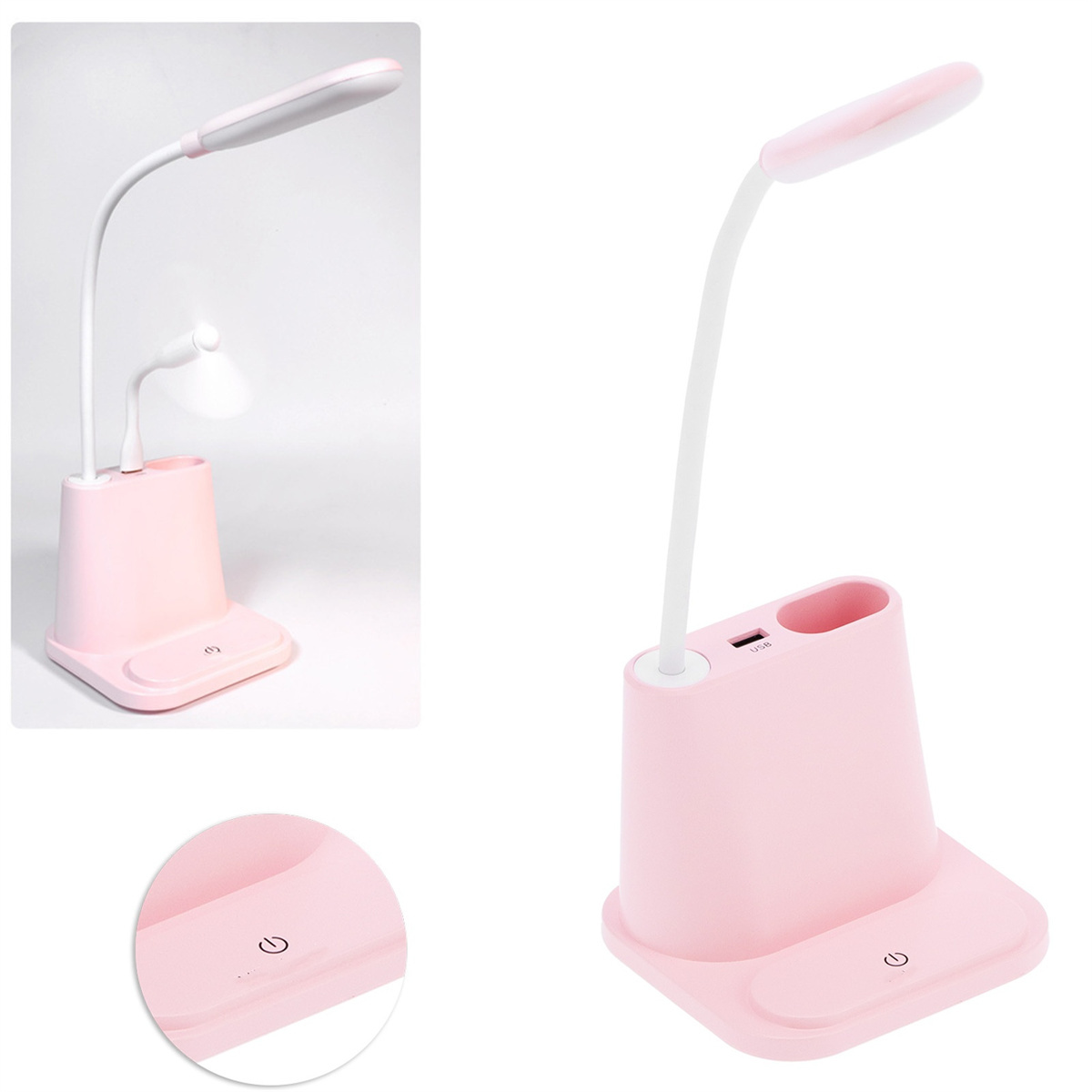 Rosa Schreibtischlampe mit flexiblem Hals. Es gibt ein kleines Licht und eine Stifthalterbasis. Rechts ist eine ähnliche Lampe.