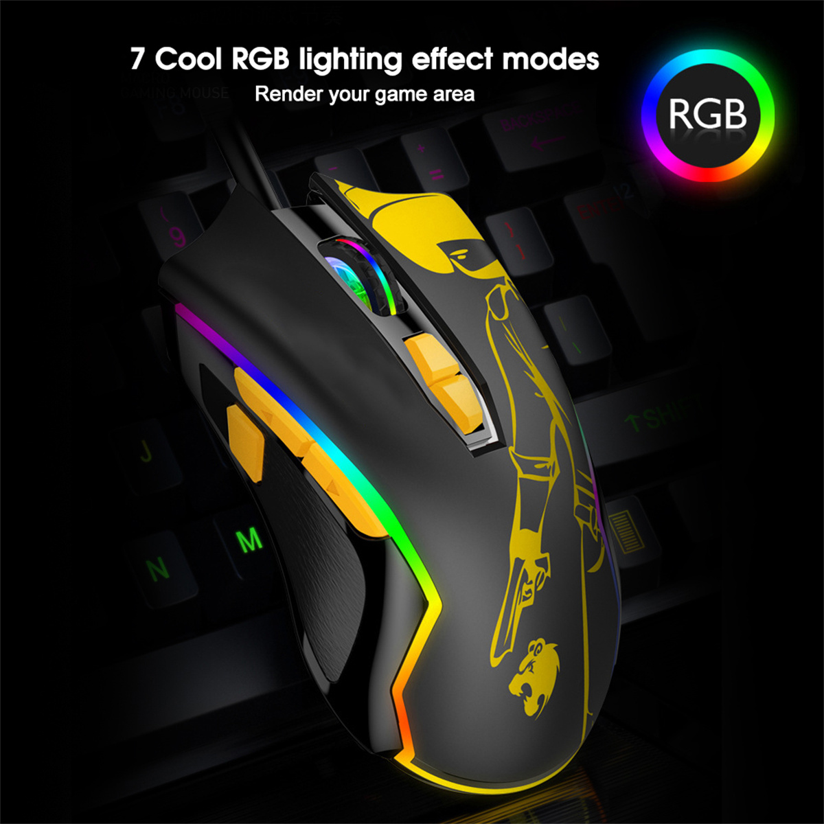 Gaming-Maus mit RGB-Beleuchtung. Schwarzes und gelbes Design mit Charakterillustration.