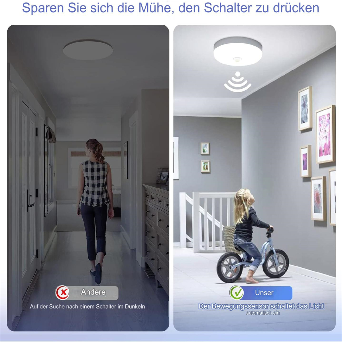 Bildvergleich: manuelles vs. automatisches Einschalten des Lichts.