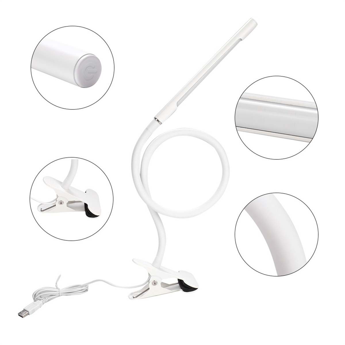 Weiße Schreibtischlampe mit flexiblem Hals, Clip und USB-Kabel. Mehrere Nahaufnahmen sind zu sehen.