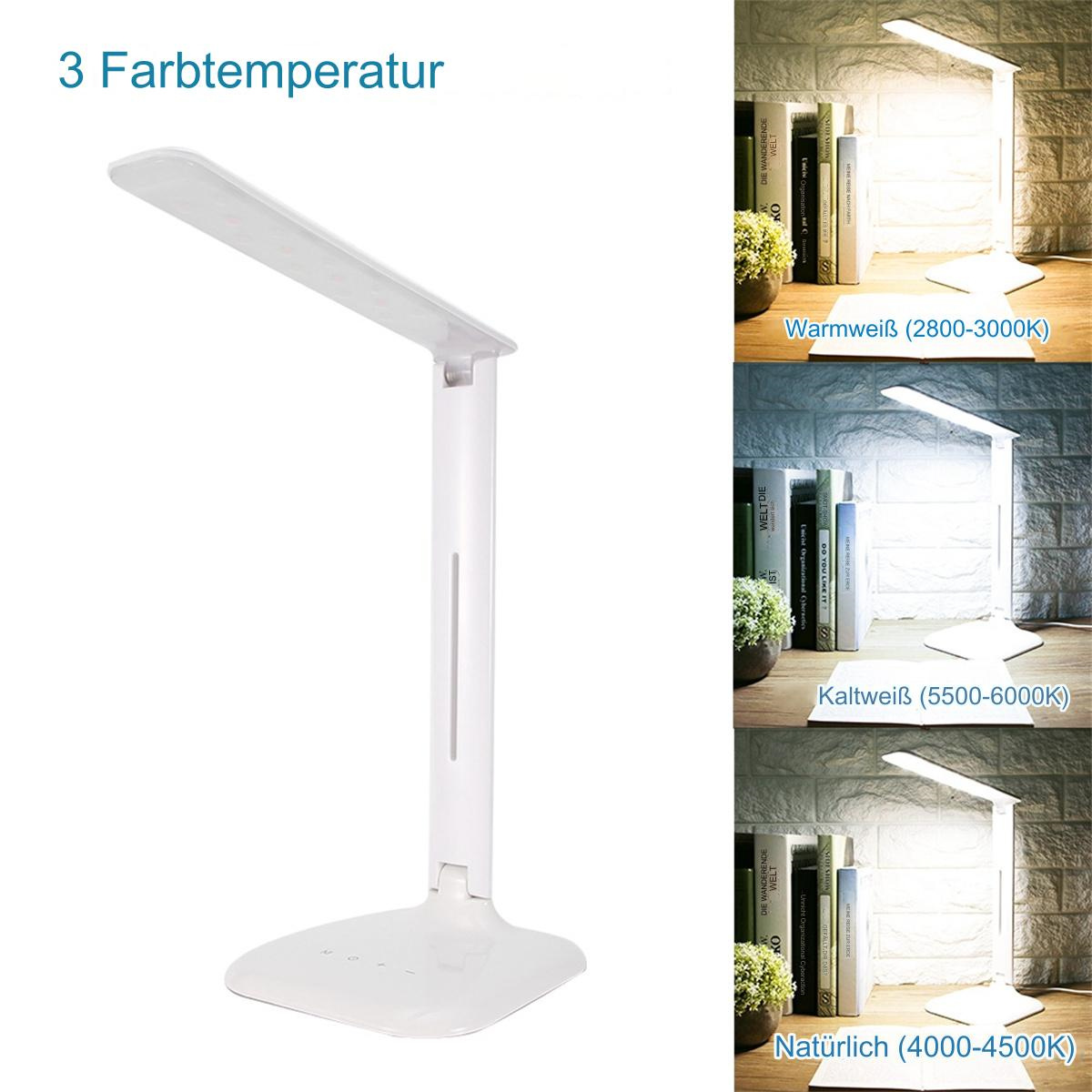 Eine weiße Schreibtischlampe mit drei Lichteinstellungen. Die Einstellungen sind im Bild gezeigt.