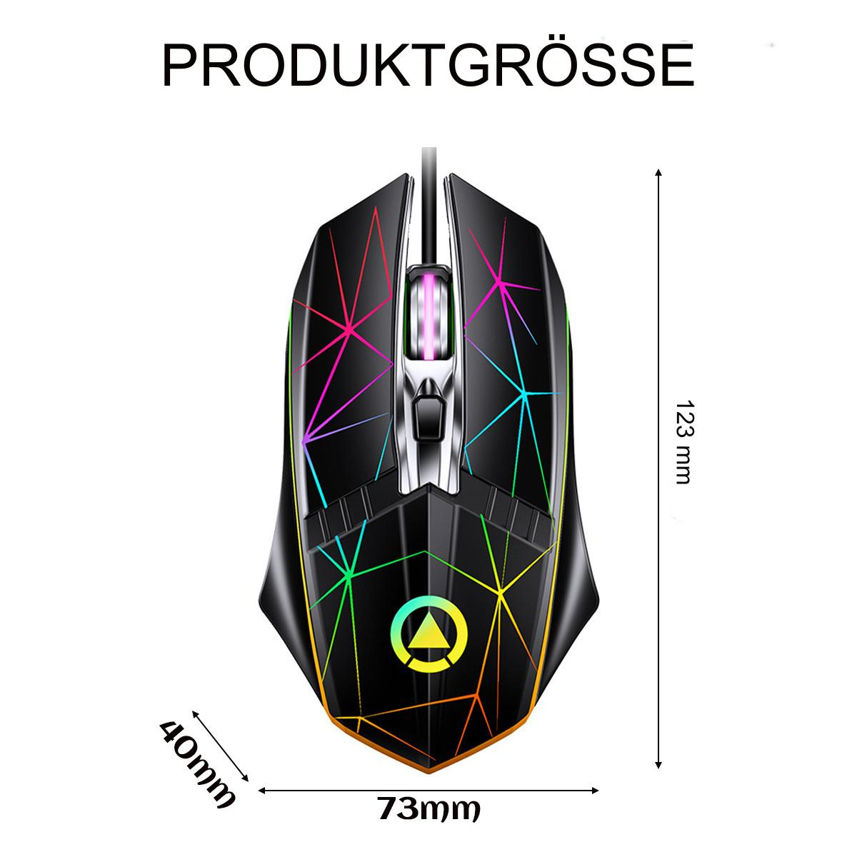 Eine schwarze Gaming-Maus mit bunten Lichtern und in mm beschrifteten Abmessungen.