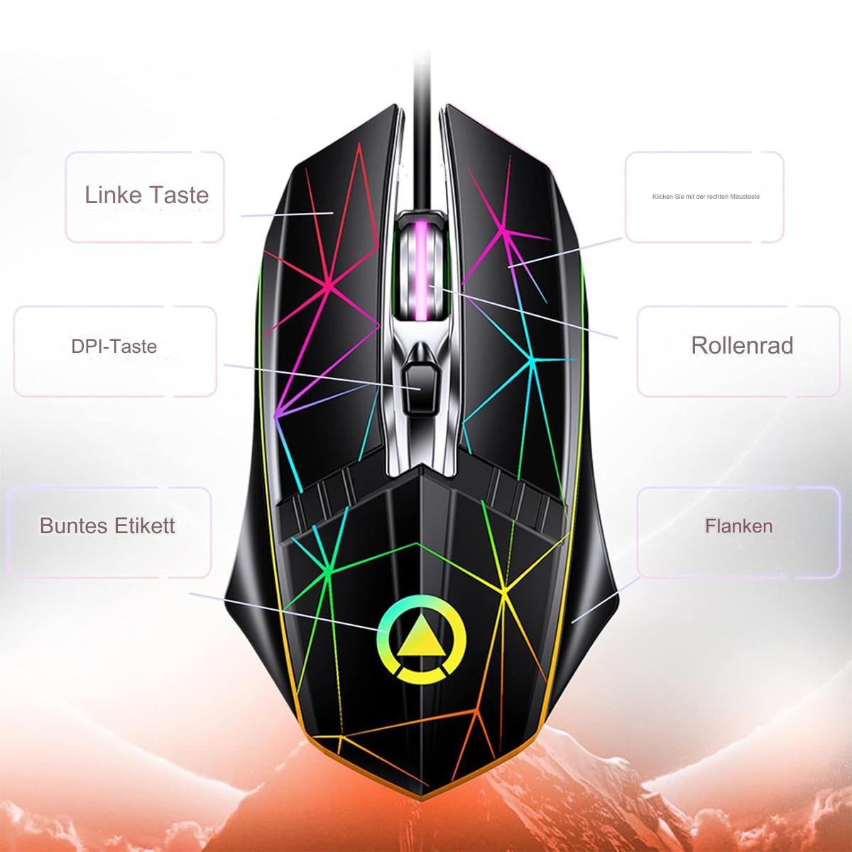 Schwarze Gaming-Maus mit bunten Lichtern. Beschriftete Tasten und ein Berg-Hintergrund.