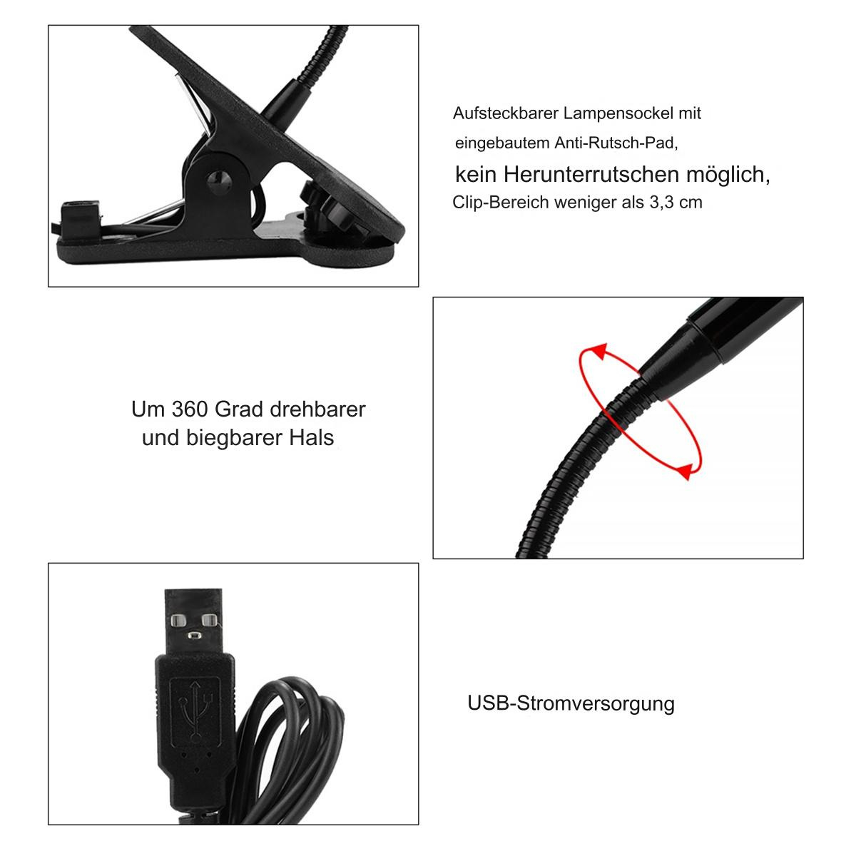 Nahaufnahme einer schwarzen Clip-on-Lampe mit flexiblem Hals und USB-Strom.