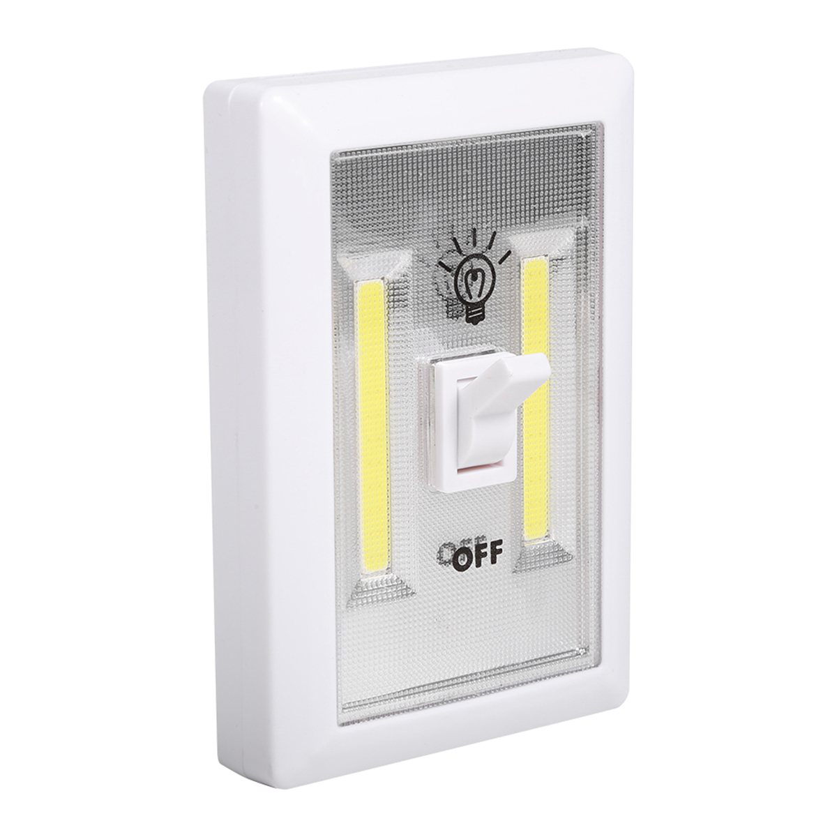 Weißer Wand-Lichtschalter mit Ein/Aus-Wippschalter und LED-Leuchten.