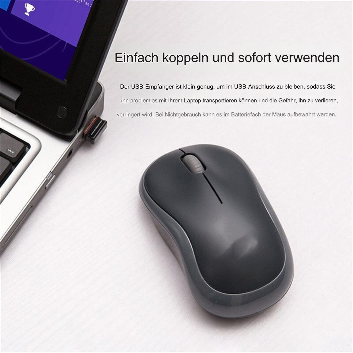 Eine kabellose Maus und ein Laptop werden gezeigt. Die Maus ist grau, und der Laptop hat einen USB-Empfänger eingesteckt.