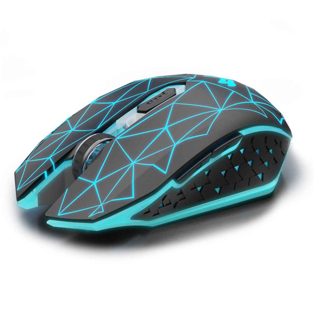 Schwarze Gaming-Maus mit blauen geometrischen Mustern und beleuchteten Kanten.
