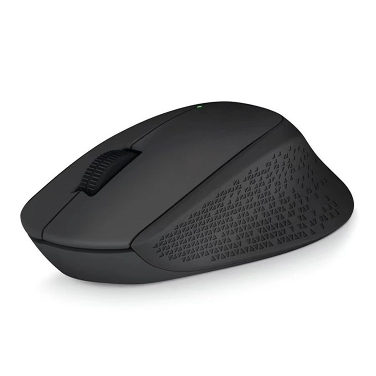 Eine schwarze, kabellose Maus mit Scrollrad und strukturierter Grifffläche auf weißem Hintergrund.