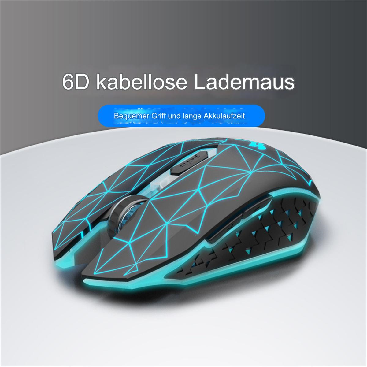 Eine kabellose Gaming-Maus mit schwarzem und blauem geometrischen Design, leicht angewinkelt.