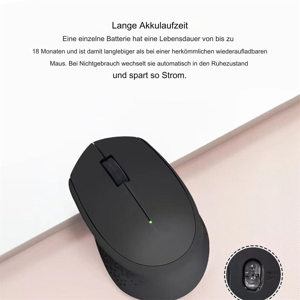 Eine schwarze, kabellose Maus liegt auf einer rosa Oberfläche, mit grünem Licht und kleinem Knopf.