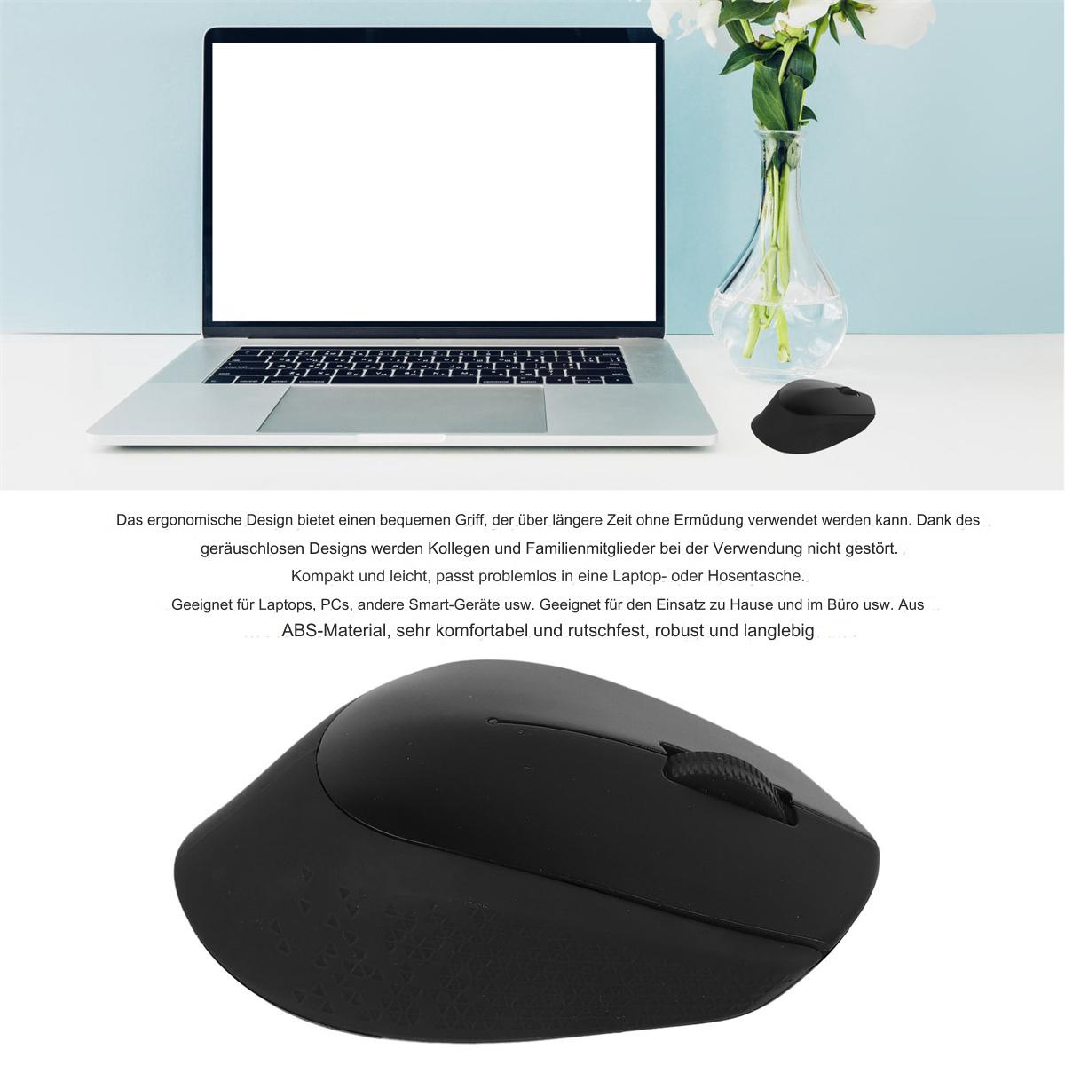 Schwarze ergonomische Maus auf einem Schreibtisch mit Laptop. Eine Vase mit Blumen steht neben dem Laptop.