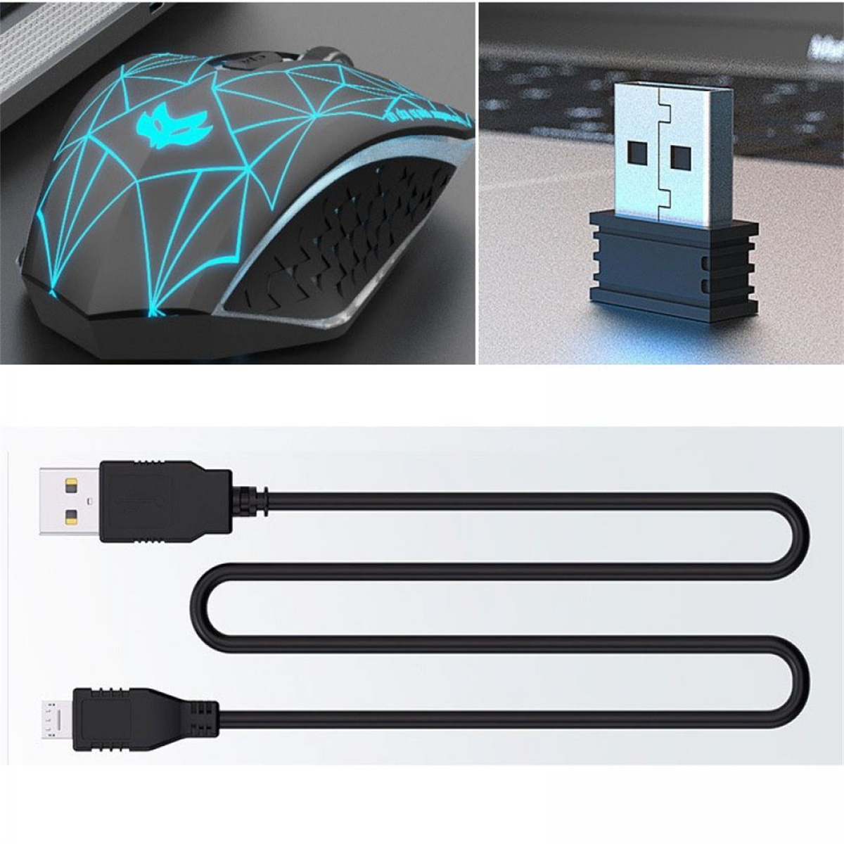Gaming-Maus mit blauen Lichtern, USB-Empfänger und USB-Kabel.