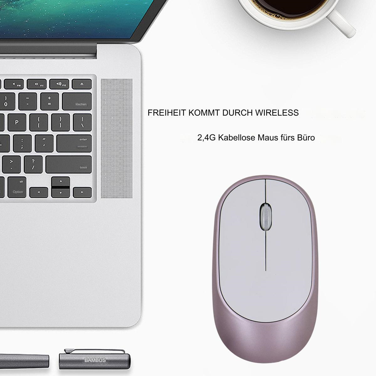 Weiße und rosa kabellose Maus neben einem Laptop. Text lautet 'Kabellos fürs Büro'.