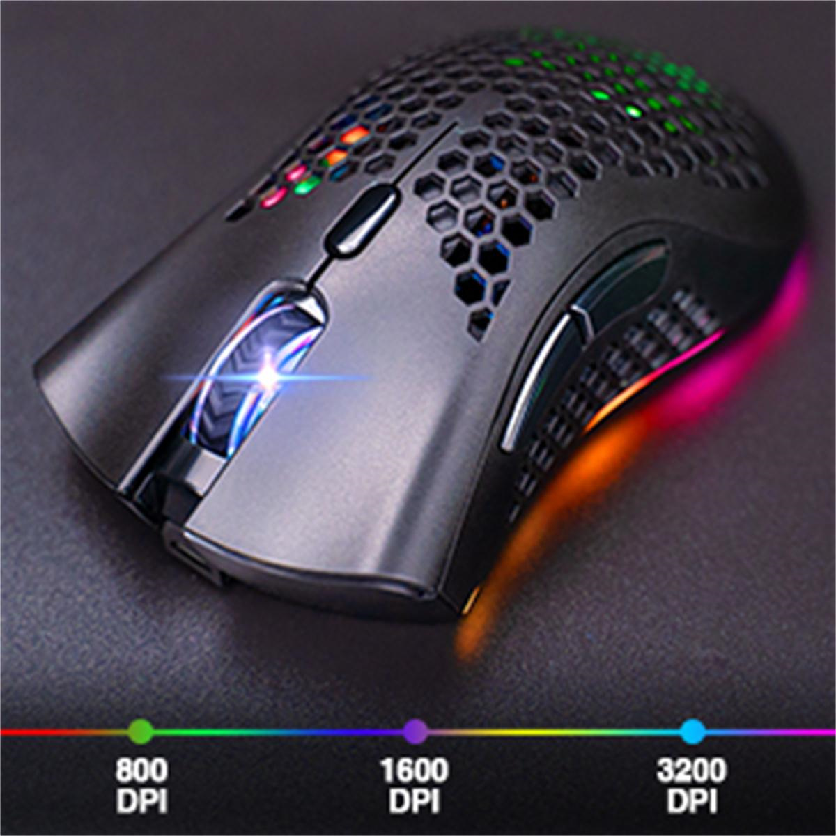 Eine schwarze Gaming-Maus mit Wabenmuster, farbig beleuchtet. DPI-Einstellungen sind sichtbar.