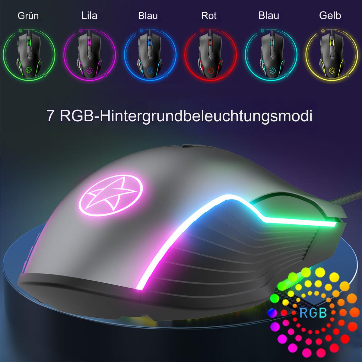 Gaming-Maus, schwarz mit RGB-Beleuchtung. Farben sind Grün, Lila, Blau, Rot und Gelb.