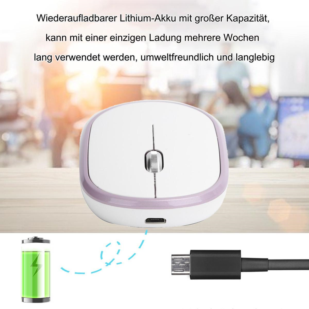 Kabellose Maus mit Ladeanschluss. Die Maus hat ein weißes und lila Farbschema.