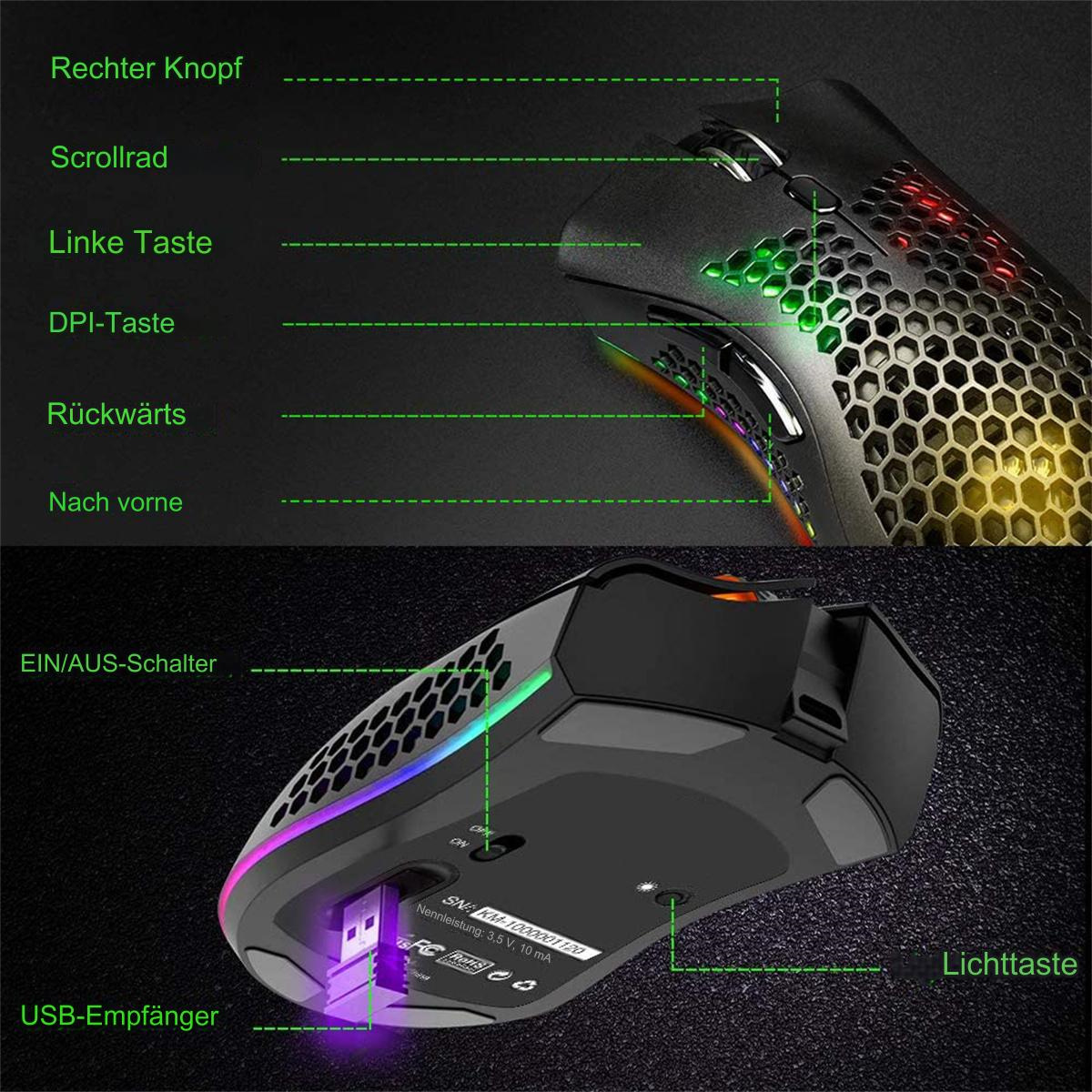 Eine schwarze Gaming-Maus mit hervorgehobenen Tasten und einem USB-Empfänger. Enthält ein Scrollrad.