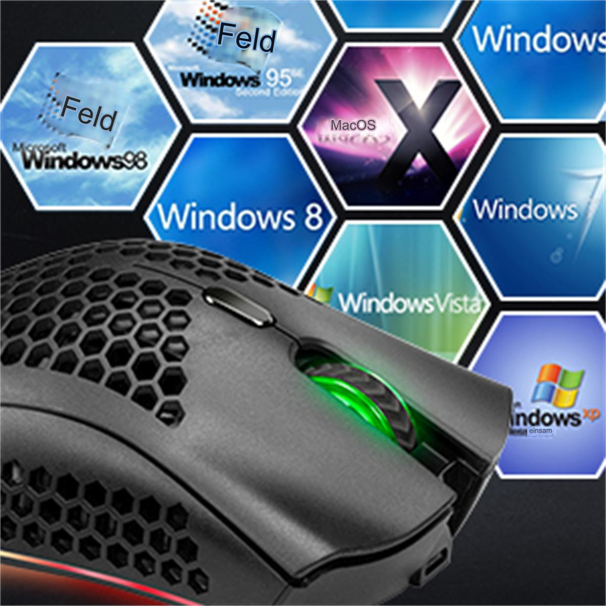 Computermaus mit Wabenmuster, umgeben von Windows-Logos und Text.