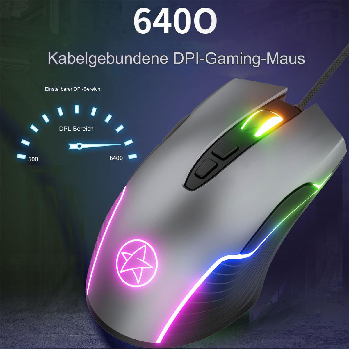 Silberne Gaming-Maus mit beleuchteten Kanten und Logo sowie DPI-Anzeige.