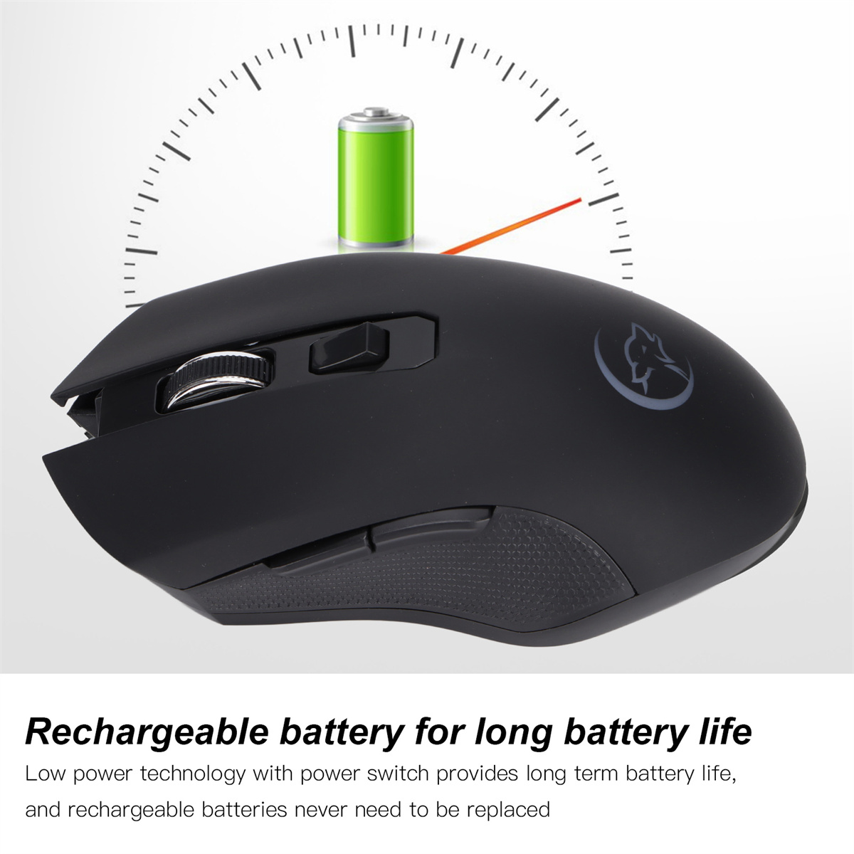 Schwarze kabellose Maus mit Ladeanzeige. Maus mit Scrollrad, Seitentasten und einem Batteriesymbol.