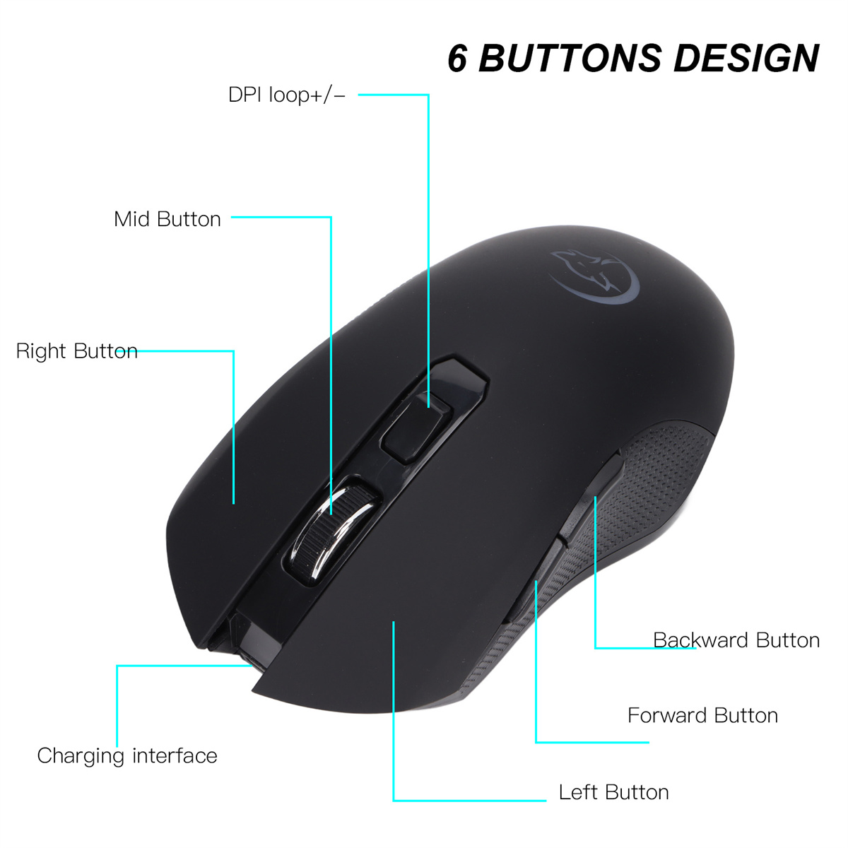 Schwarze Computermaus, beschriftet mit 6-Tasten-Design. Weißer Hintergrund.