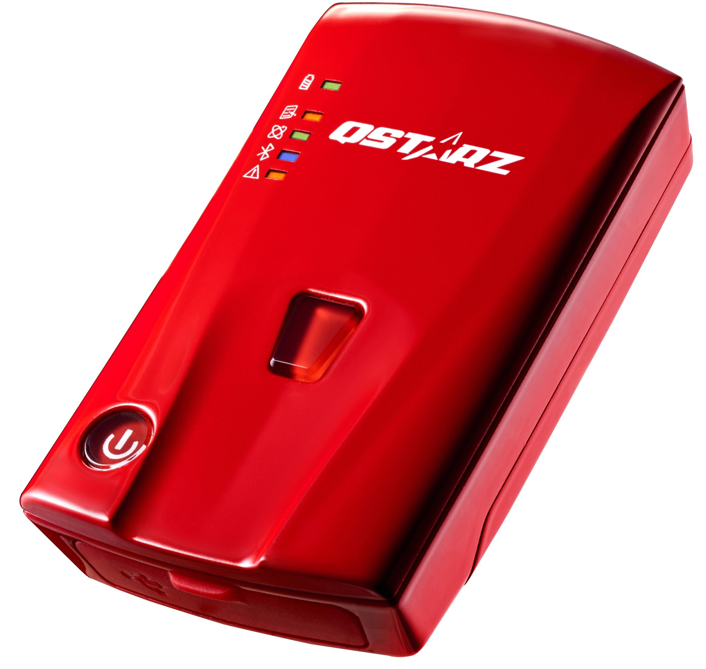 Rotes GPS-Tracker-Gerät. Verfügt über LED-Anzeigen und einen Ein-/Aus-Schalter. Das Gerät hat eine rechteckige Form.