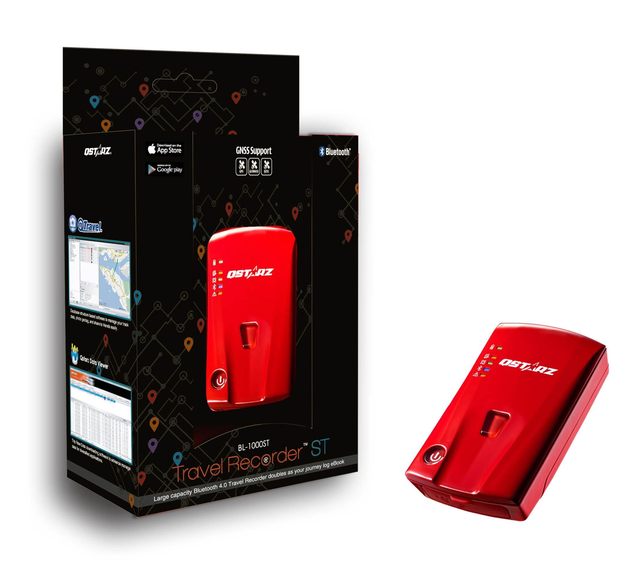 Ein roter GPS-Reiserekorder in seiner Box. Die Box hat Bilder und Text über das Produkt.