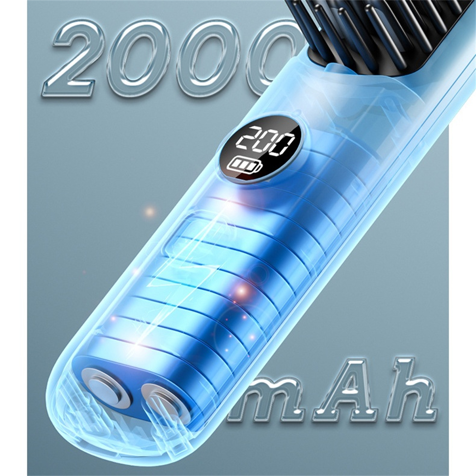 Nahaufnahme eines blauen Elektrorasierers mit Digitalanzeige für den Akkustand. Innere Details sind sichtbar.