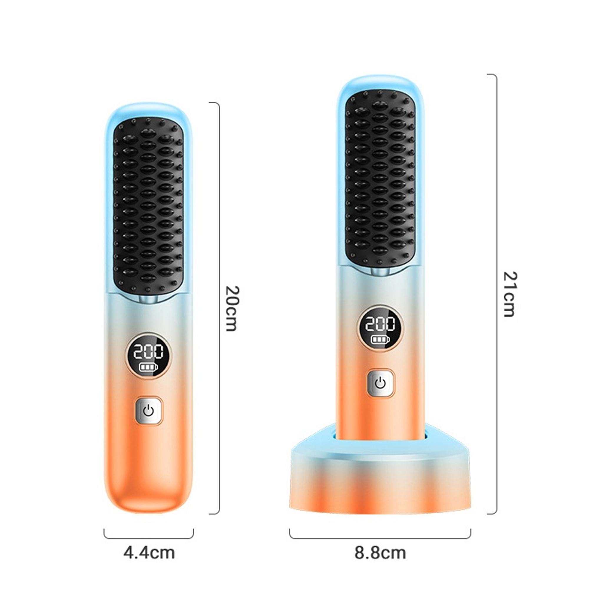 Haarglätter, zwei Ansichten, orange-blauer Farbverlauf, mit Display.