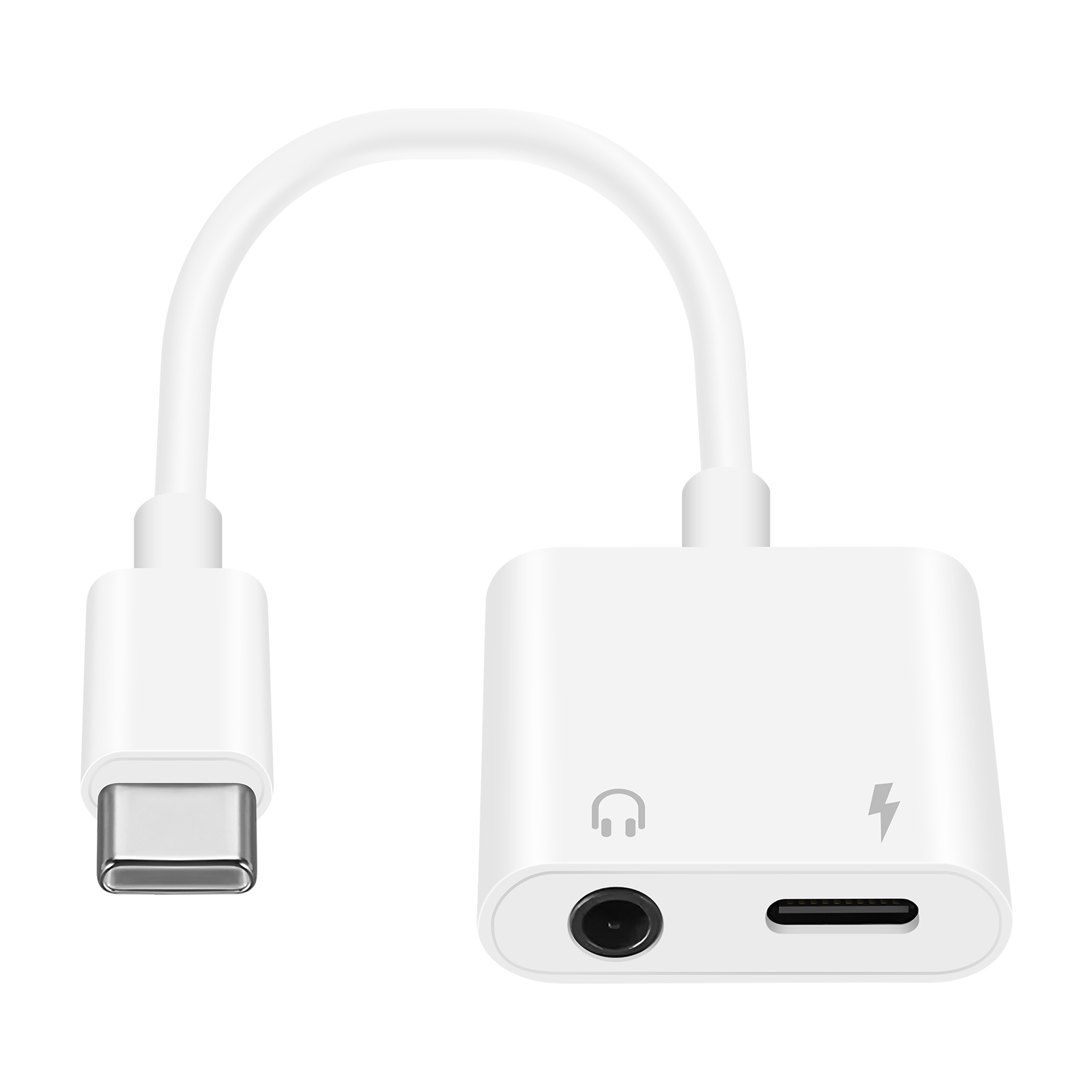 Weißer USB-C-Adapter. Hat Kopfhöreranschluss und Lightning-Anschluss. Gebogenes weißes Kabel.