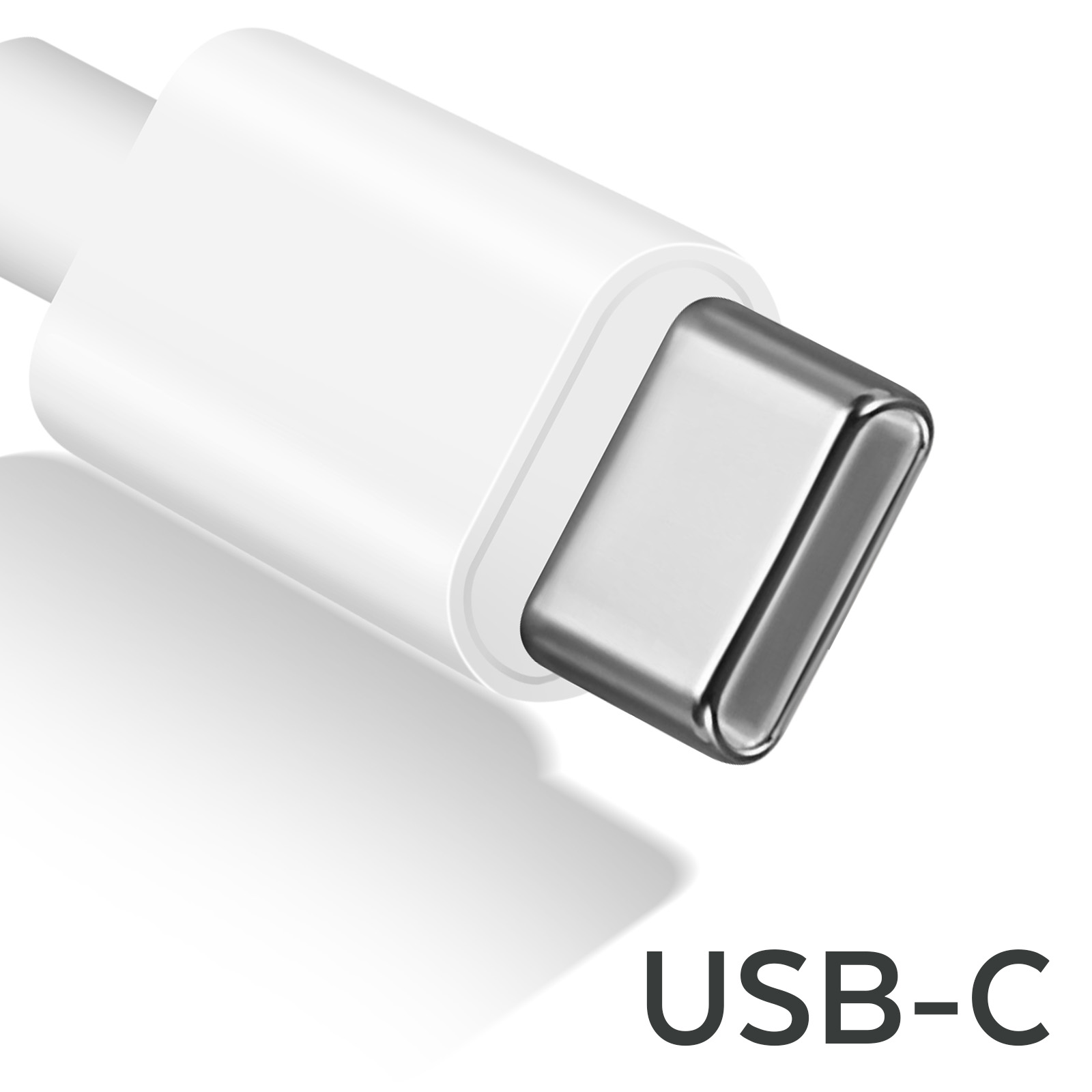 Connettore USB-C bianco su sfondo bianco. La parola USB-C è sotto.