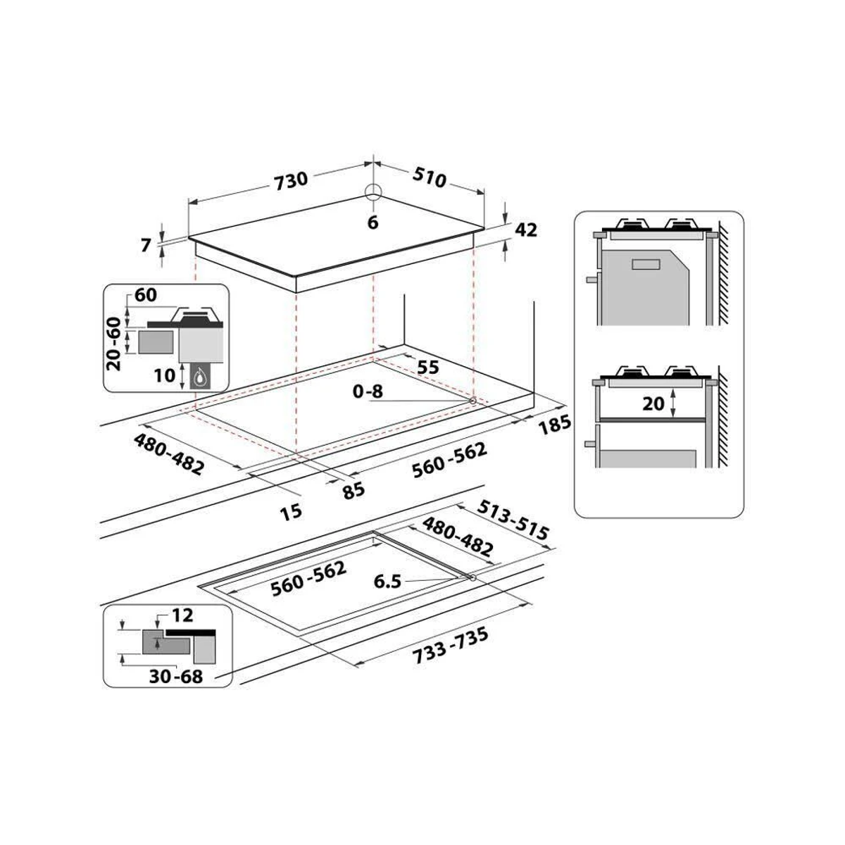 Rysunek techniczny płyty grzewczej z wymiarami i przekrojami.